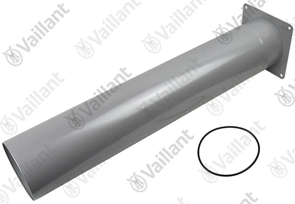 Vaillant Rohr in silberner Farbe, zylindrische Form mit einer flachen Anschlussplatte an einem Ende und einer Gummidichtung, möglicherweise für die Luftzufuhr.